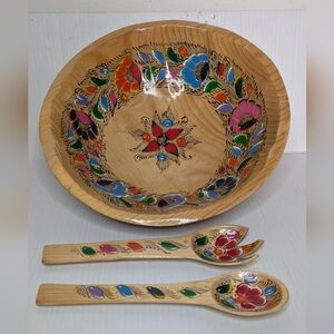 Boho Festive Carved Large Salad, Wood Bowl and Tongs Mexican Folk Art.